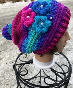 Flower Beanie Pink Blue and Turquoise