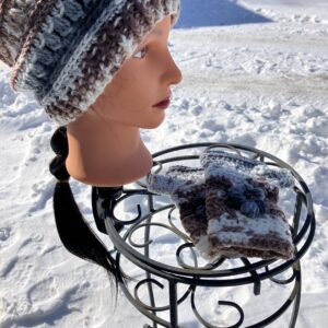 Flower Beanie and Fingerless Gloves Set Gray, White and Brown