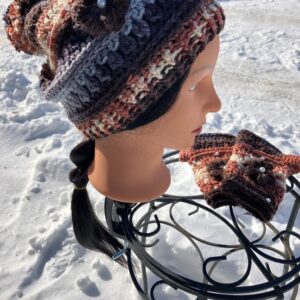 Woman’s Flower Beanie & Fingerless Gloves Set Black, Copper, Gray and Blue