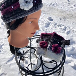 Woman’s Ear Warmer Headband & Fingerless Gloves Set White Black and Pink
