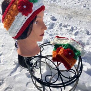 Woman’s Ear Warmer & Fingerless Gloves Set Red, Orange, Cream and Green