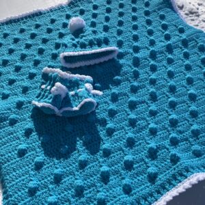 Crochet Baby Blanket Hat Booties Set Turquoise and White