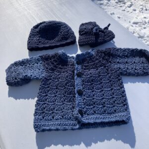 Blue Crochet Baby Cardigan Hat Booties Set