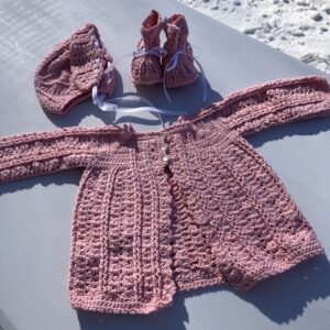 Pink Crocheted Baby Sweater Booties Hat Set